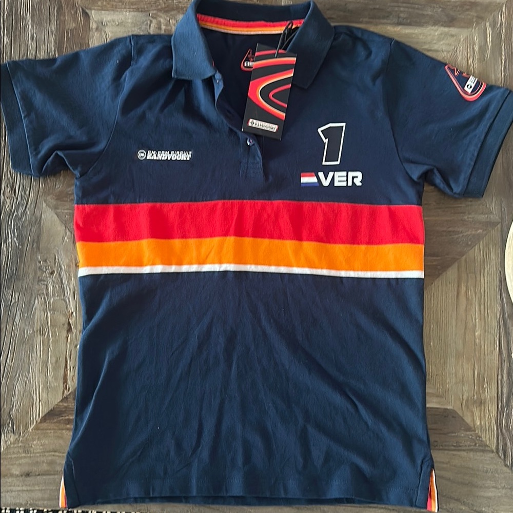 Max Verstappen Navy Polo Shirt with Red and Orange Stripes